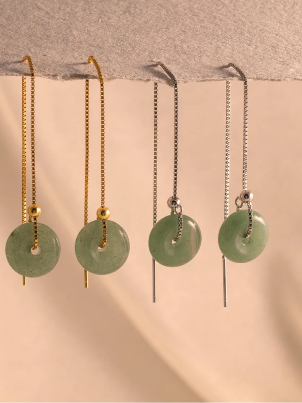 Silver Threader Earrings with Green Jade Discs